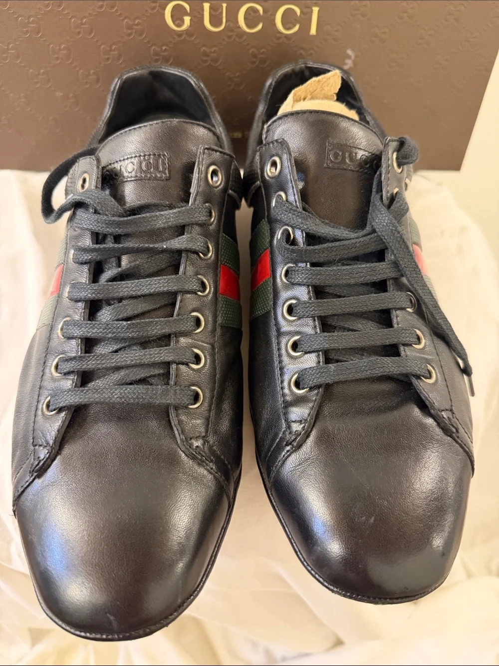 Gucci Black Leather Sneakers with Red & Green Web Stripe